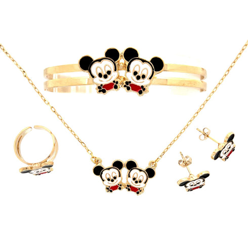 Introducing the Little Baby Mouse Jewelry Set for Girls: a delightful collection of 10k gold-filled jewelry featuring charming cartoon mouse designs. This set includes a cuff bracelet, necklace, ring, and stud earrings. Adorned with smiling mice and red accents, it's suitable for any skin type.